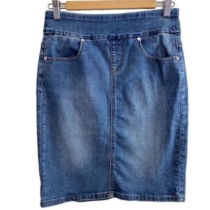 JOSEPH Ribkoff denim mini skirt pull on stretchy soft bodycon blue jeans size 4